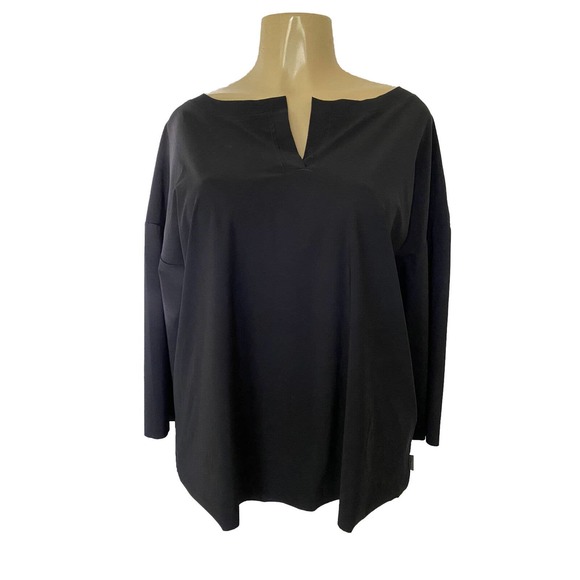 OSKA Top Blouse Shirt Stretch Black 3/4 Sleeve Split V Neck Relaxed 1 6 8 - Picture 1 of 6